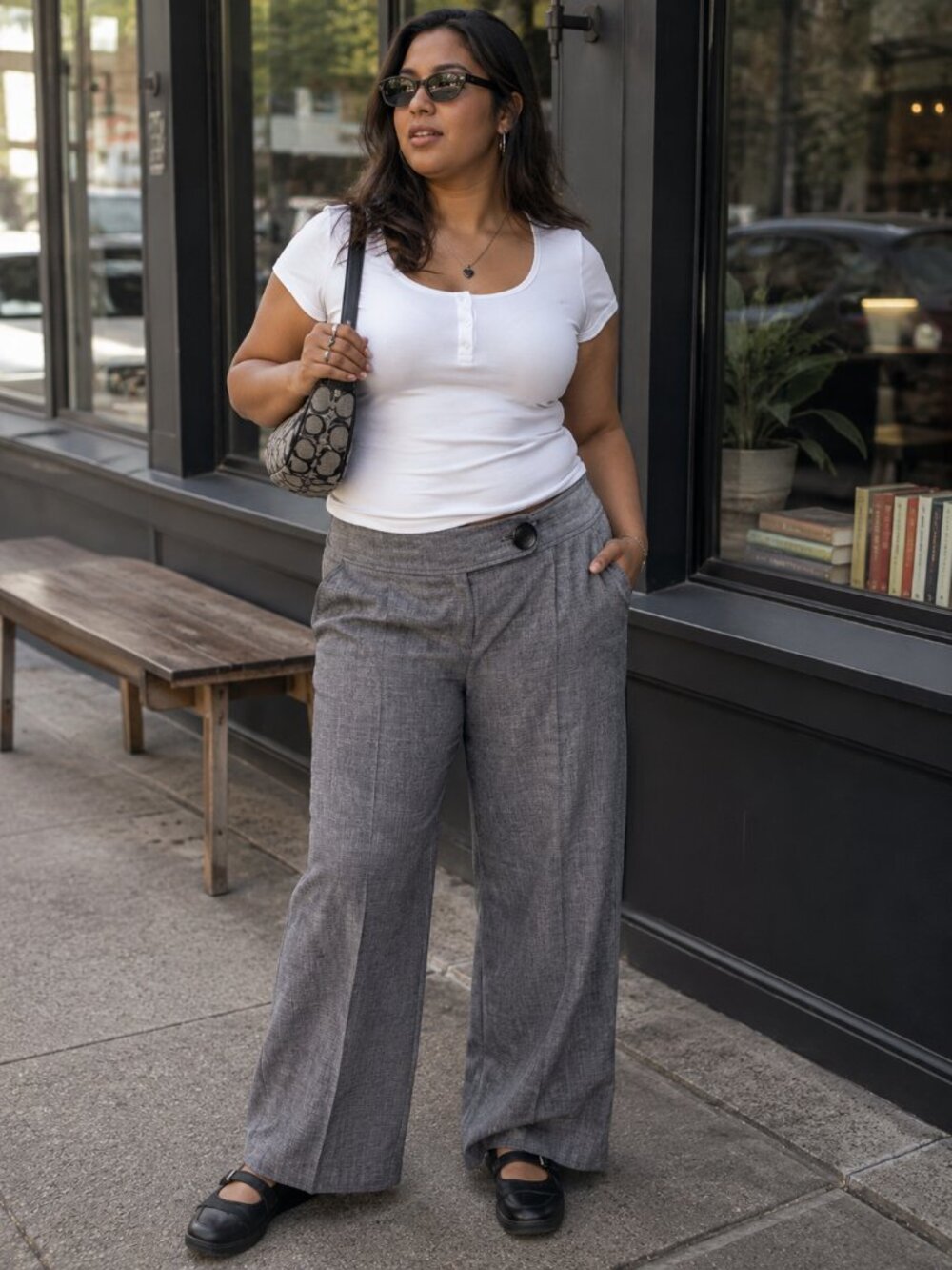 Cato Gray Wide Leg Cotton Blend Y2K Big Button Zipper Front Pants (Size 12)